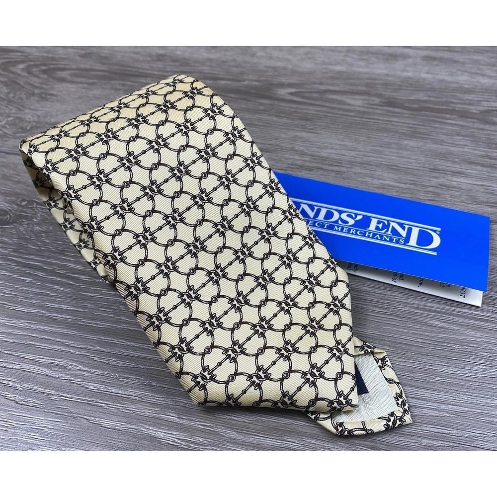 Lands End Mens 100% Silk Neck Tie Horsebit Yellow‎ Beige USA